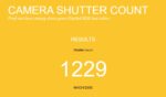 Camera shutter count results for Nikon D850 showing 1229 shots.