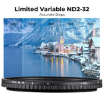 K&F Concept variable ND filter for cameras, showcasing ND2 to ND32 stops with a scenic winter landscape.