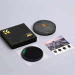 K&F Concept camera lens filter with packaging and brochure on display.