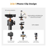 2-in-1 phone clip design with camera mount and GoPro adapter, suitable for photography and video equipment.