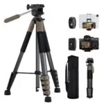 K&F Concept camera tripod with accessories including remote and carrying bag.