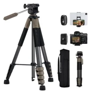 K&F Concept camera tripod with accessories including remote and carrying bag.