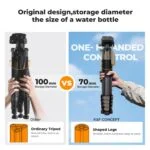 Comparison of K&F Concept tripod with ordinary tripod, highlighting compact design and one-handed control.