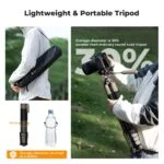 Lightweight portable tripod with camera, compact storage, ideal for photography gear.