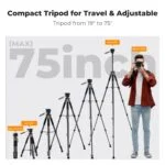 Adjustable compact tripod for travel, extends from 19 to 75 inches, ideal for photography gear.