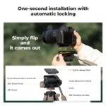 Camera mounted on tripod with quick-release plate and automatic locking feature.