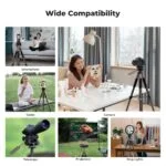 Photography equipment showcasing wide compatibility with smartphones, tablets, cameras, telescopes, projectors, and ring lights.