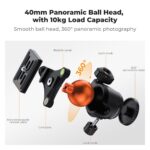 40mm panoramic ball head for cameras with 10kg load capacity, featuring smooth 360-degree rotation and bubble level.