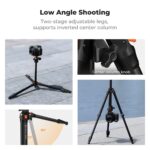 Camera tripod with adjustable legs for low angle shooting, featuring center column knob.