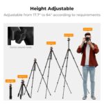 Height adjustable camera tripod with multiple height settings, ideal for photography equipment.