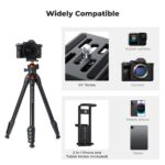 Versatile camera tripod with phone and tablet holder, compatible with action cameras and DSLRs.
