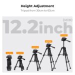Adjustable camera tripod with height range from 30cm to 63cm, ideal for photography equipment.