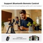 Man using smartphone tripod with Bluetooth remote control for photography.