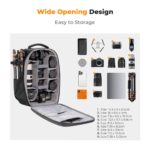 Camera backpack with compartments for lenses, cameras, and accessories, ideal for photographers.