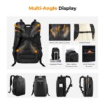 Multi-angle view of a black camera backpack with features like breathable back, chest buckle, and multiple pockets.