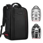 Black camera backpack with adjustable compartments for photography gear.
