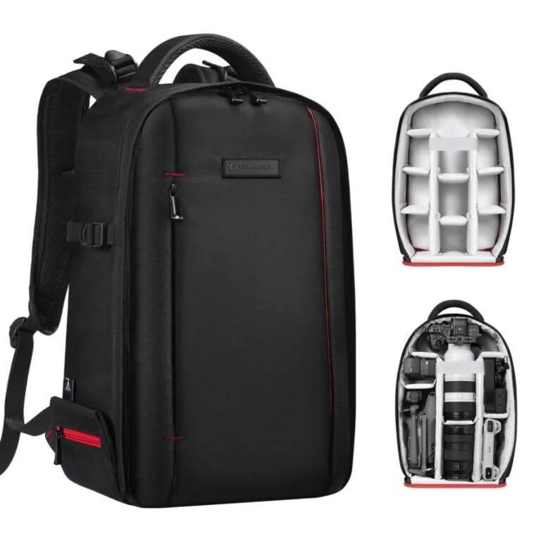 Black camera backpack with adjustable compartments for photography gear.