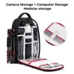 Camera and computer storage backpack with modular compartments for photography gear.