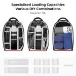 Camera backpack with adjustable compartments for photography gear and accessories.