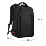 Black camera backpack with red accents, ideal for carrying photography gear.