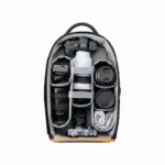 Camera backpack with DSLR, lenses, and accessories for photography gear storage.