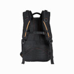 Black camera backpack with padded straps and orange accents, ideal for photography gear.