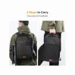 K&F Concept camera backpack with tripod attachment, carried on shoulder and handheld.