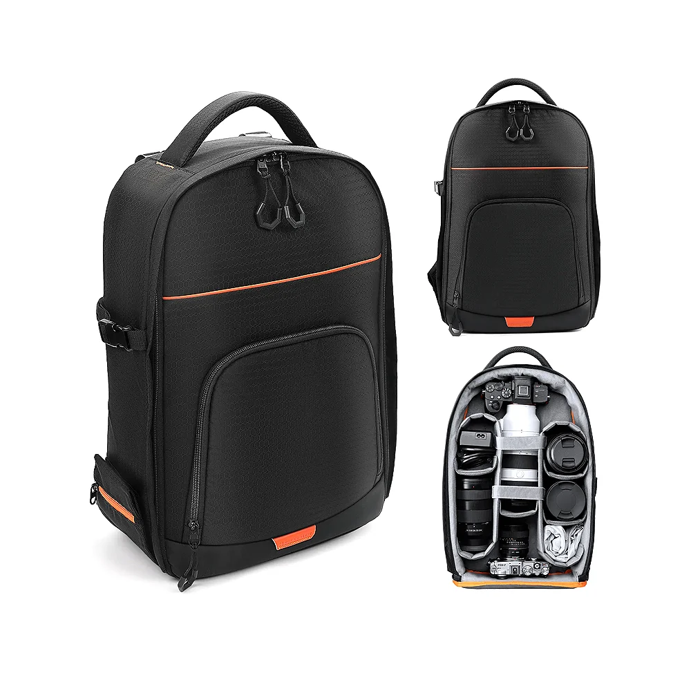 K_FConceptKF13.20518LNatureWander05CameraBackpack-Black_1920x Black camera backpack with compartments for cameras and lenses, ideal for photographers.