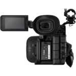 Canon professional video camera with flip-out screen and controls, ideal for filmmakers and videographers.