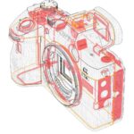 3D wireframe model of a Sony mirrorless camera body showcasing internal components.