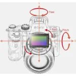 Sony mirrorless camera with sensor and axis diagram, ideal for photography enthusiasts.