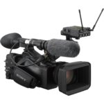 Professional Sony camcorder with microphone and wireless transmitter, available at Camix camera shop UK.