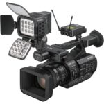 Sony professional video camera with lighting and audio accessories, ideal for filmmakers and videographers.