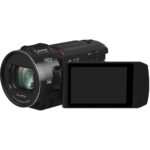High-definition camcorder with flip-out screen, ideal for video recording and filmmaking.