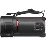Compact black camcorder with 32x zoom, ideal for video recording and photography enthusiasts.