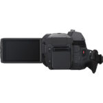 Professional camcorder with flip-out screen, ideal for videography and filmmaking.