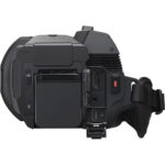 Professional video camera with side view of ports and controls, ideal for filmmakers and videographers.