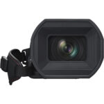 Professional camcorder with lens hood and hand strap, ideal for video production.