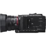 Professional camcorder with lens and controls, ideal for videography and filmmaking.