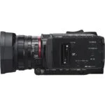 Professional camcorder with lens and controls, ideal for videography and filmmaking.