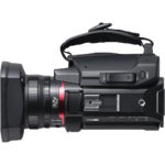 Professional camcorder with zoom lens and hand strap, ideal for videography and filmmaking.