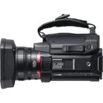 Professional camcorder with zoom lens and hand strap, ideal for videography and filmmaking.