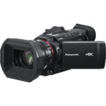 Panasonic 4K camcorder with lens hood, ideal for professional video recording.