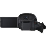 Professional camcorder with flip-out screen, ideal for video recording and filmmaking.
