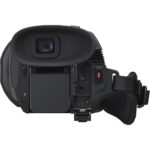 Back view of a professional camcorder with various ports and hand strap, available at Camix UK.