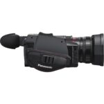 Panasonic professional camcorder with lens and viewfinder, ideal for video production.