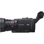 Panasonic 4K camcorder with lens and viewfinder, ideal for professional video recording.