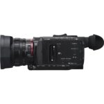 Professional camcorder with lens and viewfinder, ideal for video production and filmmaking.