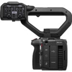 Professional Canon cinema camera with handle and audio controls, ideal for videography.