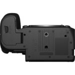 Bottom view of a camera body showing battery compartment and tripod mount.